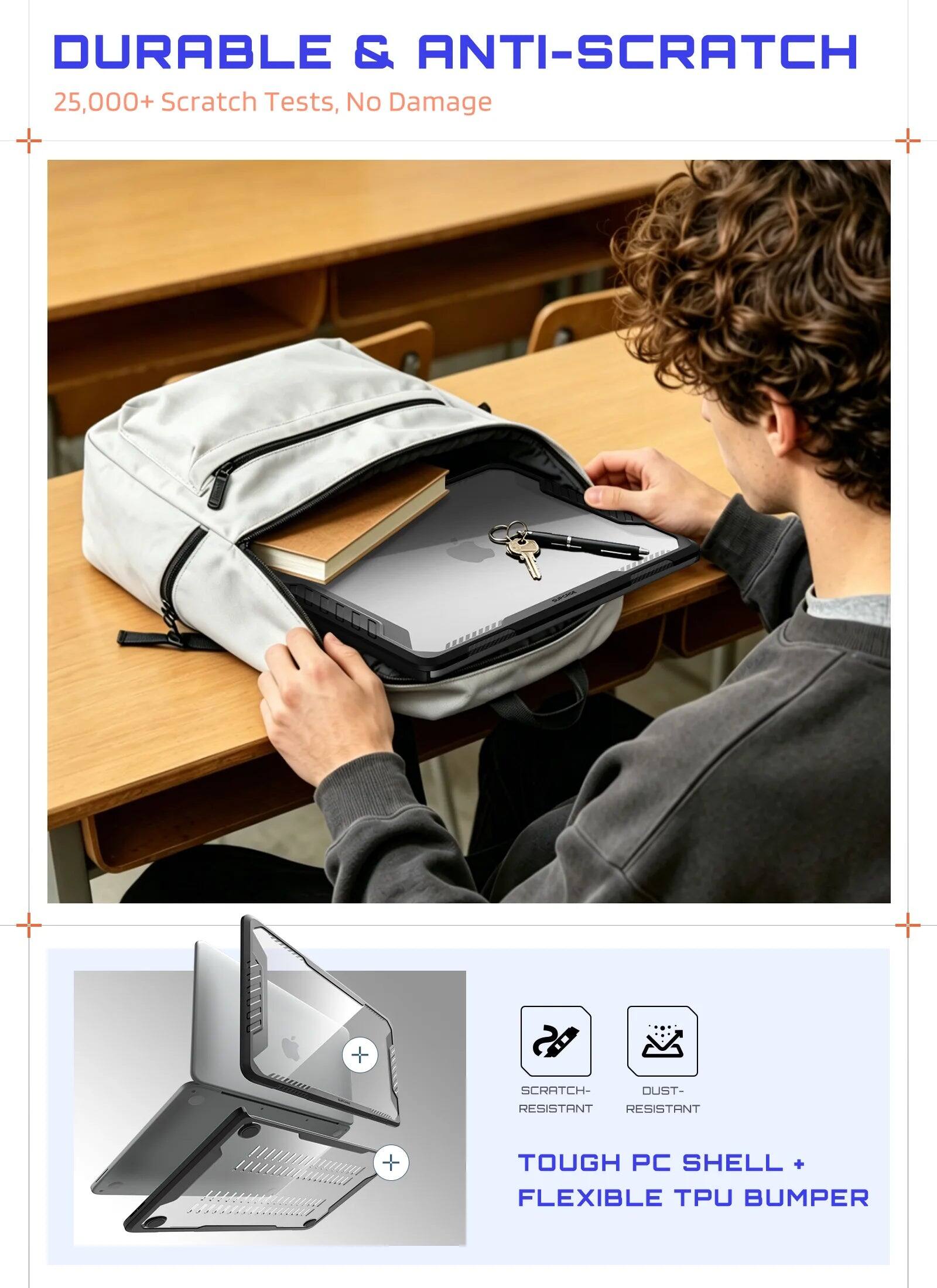 DURABLE & ANTI-SCRATCH  
25,000+ Scratch Tests, No Damage  

SCRATCH-RESISTANT  
TOUGH PC SHELL + FLEXIBLE TPU BUMPER