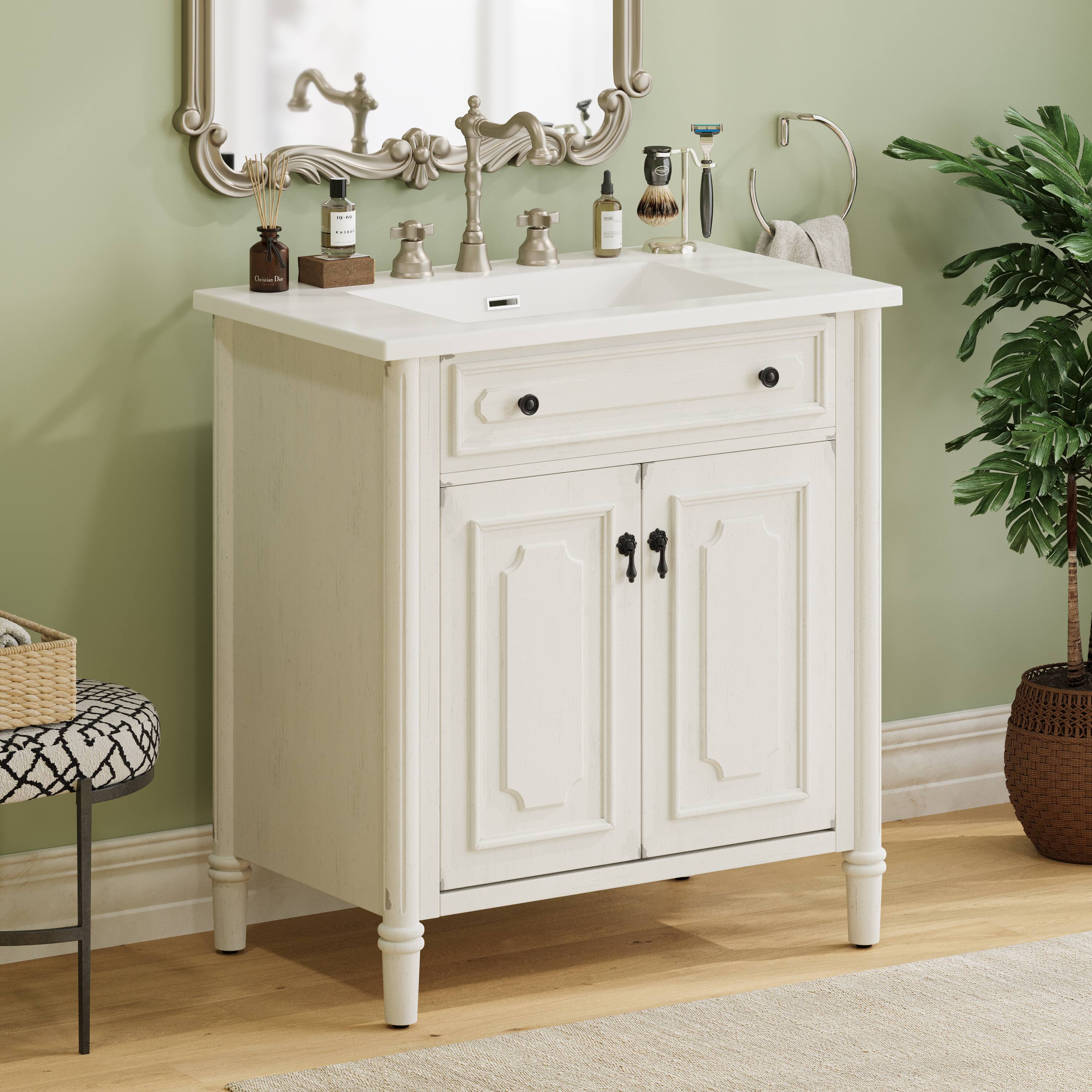Back. Loheer - 2.58 ft Vintage Bathroom Vanity with Sink, Soft Close Cabinet, Adjustable Shelf, Rustic Bath Room - Ancient White.