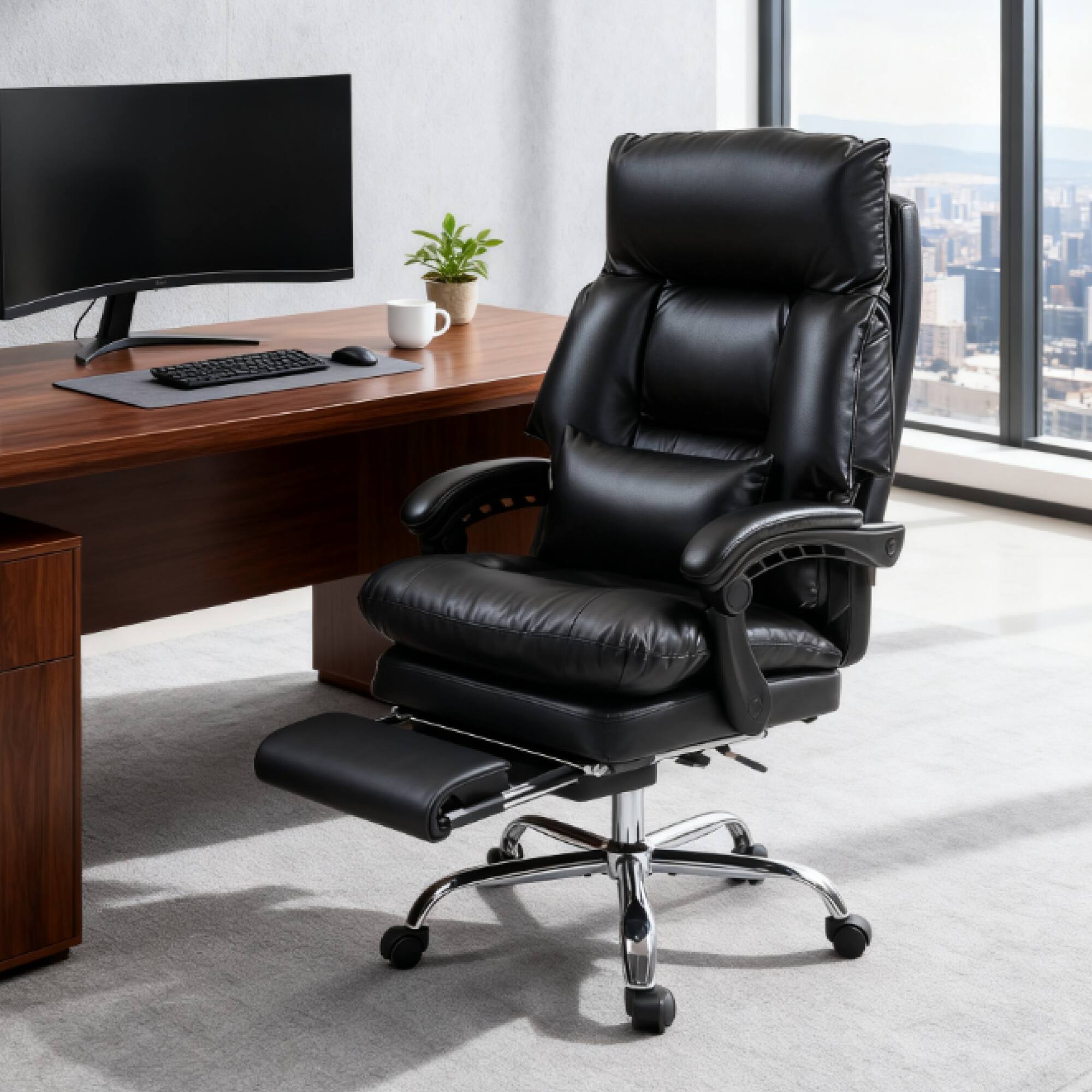 GOODSILO - Premium High-Back Executive Office Chair with Ergonomic Support and Reclining Footrest for Enhanced Comfort - Black