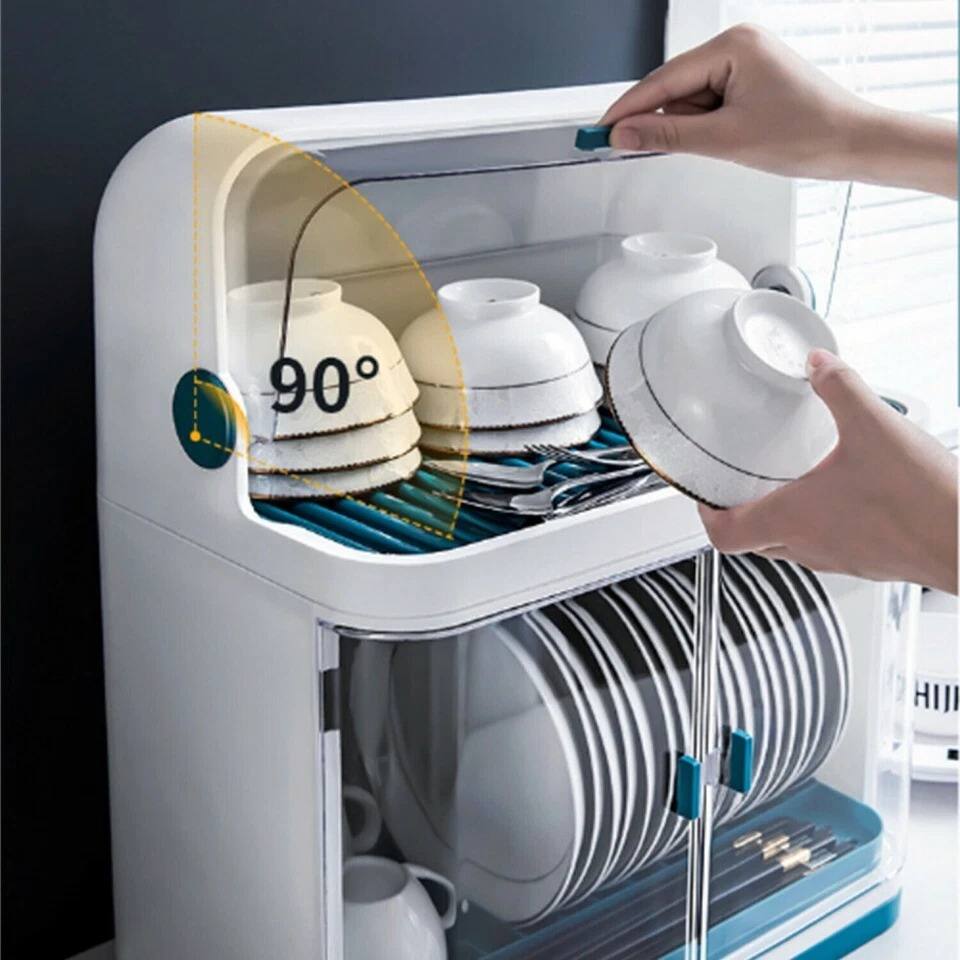 Back. Home Collection - 2-Tier Dish Drying Rack with Lid Cover and Cup Holder - Clear Lid with White or Blue Rack.