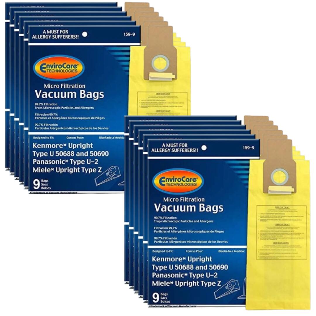 A MUST FOR ALLERGY SUFFERERS!!  
159-9 EnviroCore TECHNOLOGIES Micro Filtration Vacuum Bags  
99.7% Filtration Traps Microscopic Particles and Allergens  

IMPORTANT  
Filtracion 99.7% Particulas et Allergenes Microscopiques de Pigeons  
99.7% Filtracin Particulas Alergenicos Microscpicos de los Desvios  

Designed to Fit:  
Kenmore Upright Type U 50688 and 50690  
Panasonic Type U-2  
Miele* Upright Type Z  

9 Sacs Bolsas  

A MUST FOR ALLERGY SUFFERERS!!  
EnviroCore TECHNOLOGIES 159-9 Micro Filtration Vacuum Bags  
99.7% Filtration Traps Microscopic Particles and Allergens  

IMPORTANT  
Filtracion 99.7% Particulas et Allergenes Microscopiques de Pigeons  
99.7% Filtracin Particulas Alergenicos Microscpicos de los Desvios  

Designed to Fit:  
Kenmore Upr