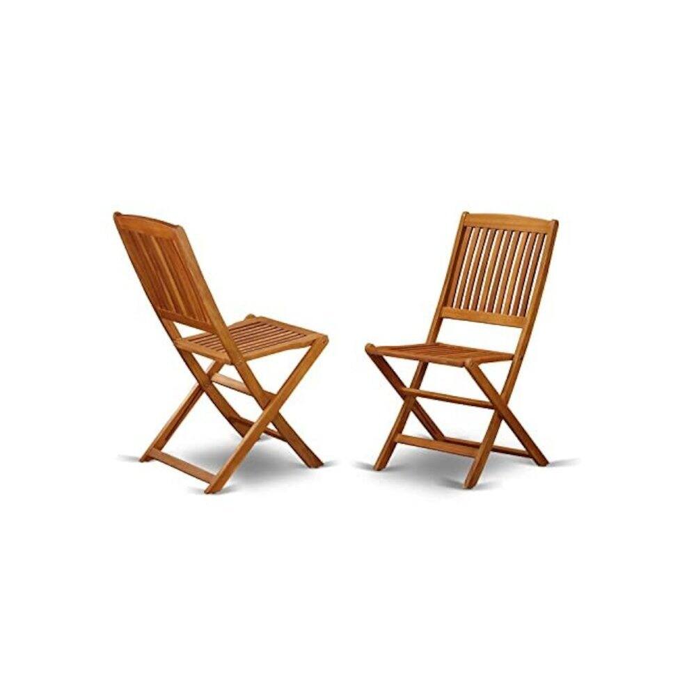 Angle. Outdoor Escape - 7 Piece Clear Oil Bistro Table Set with 6 Folding Armchairs and Durable Finish - Natural Oil.