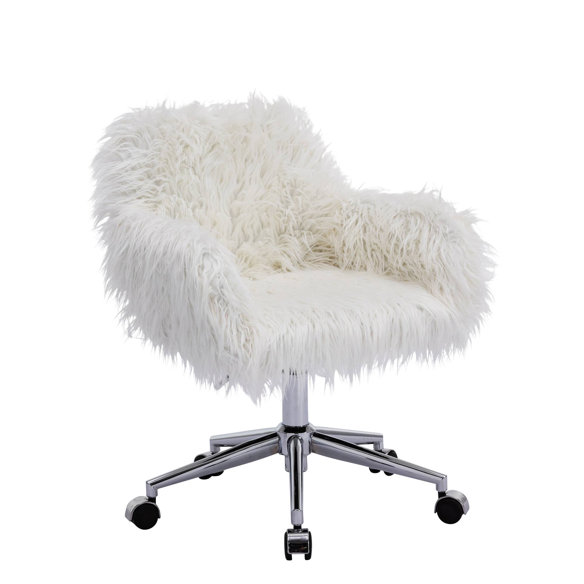 Spaco - Modern Faux Fur Home Office Chair, Fluffy Chair for Girls, Makeup Vanity Chair, for Bedroom and Dorm Room - White