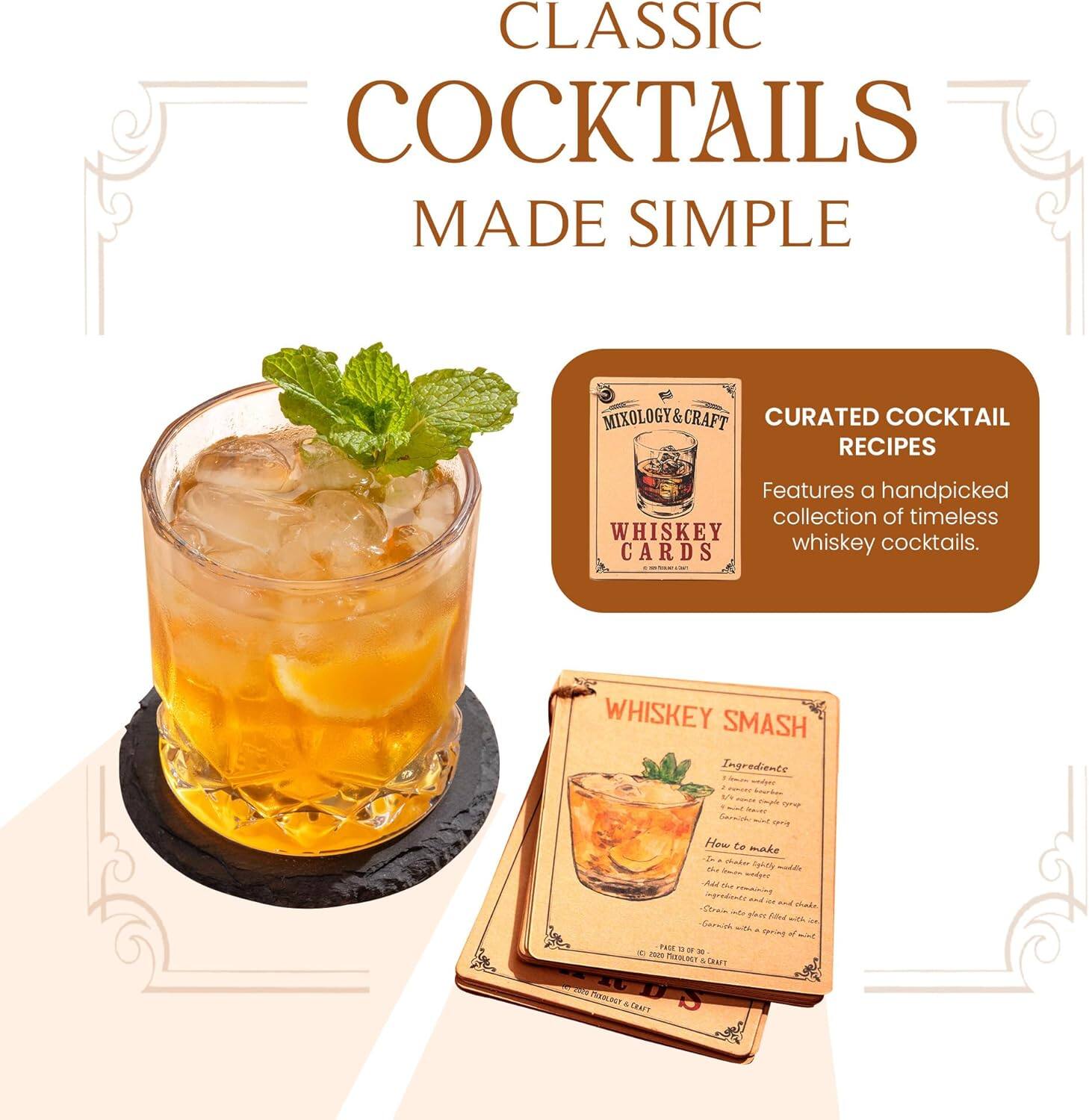 **CLASSIC COCKTAILS MADE SIMPLE**

**CURATED COCKTAIL RECIPES**

Features a handpicked collection of timeless whiskey cocktails.

**WHISKEY SMASH**

**Ingredients:**
- 1 1/2 oz whiskey
- 1/2 oz fresh lemon juice
- 1/2 oz simple syrup
- Mint sprig

**How to make:**
1. Fill a glass with ice.
2. Add the whiskey, lemon juice, and simple syrup.
3. Muddle the mint sprig with the liquid.
4. Stir and serve with a mint sprig garnish.

© 2019 PROOF & PAPER CO.