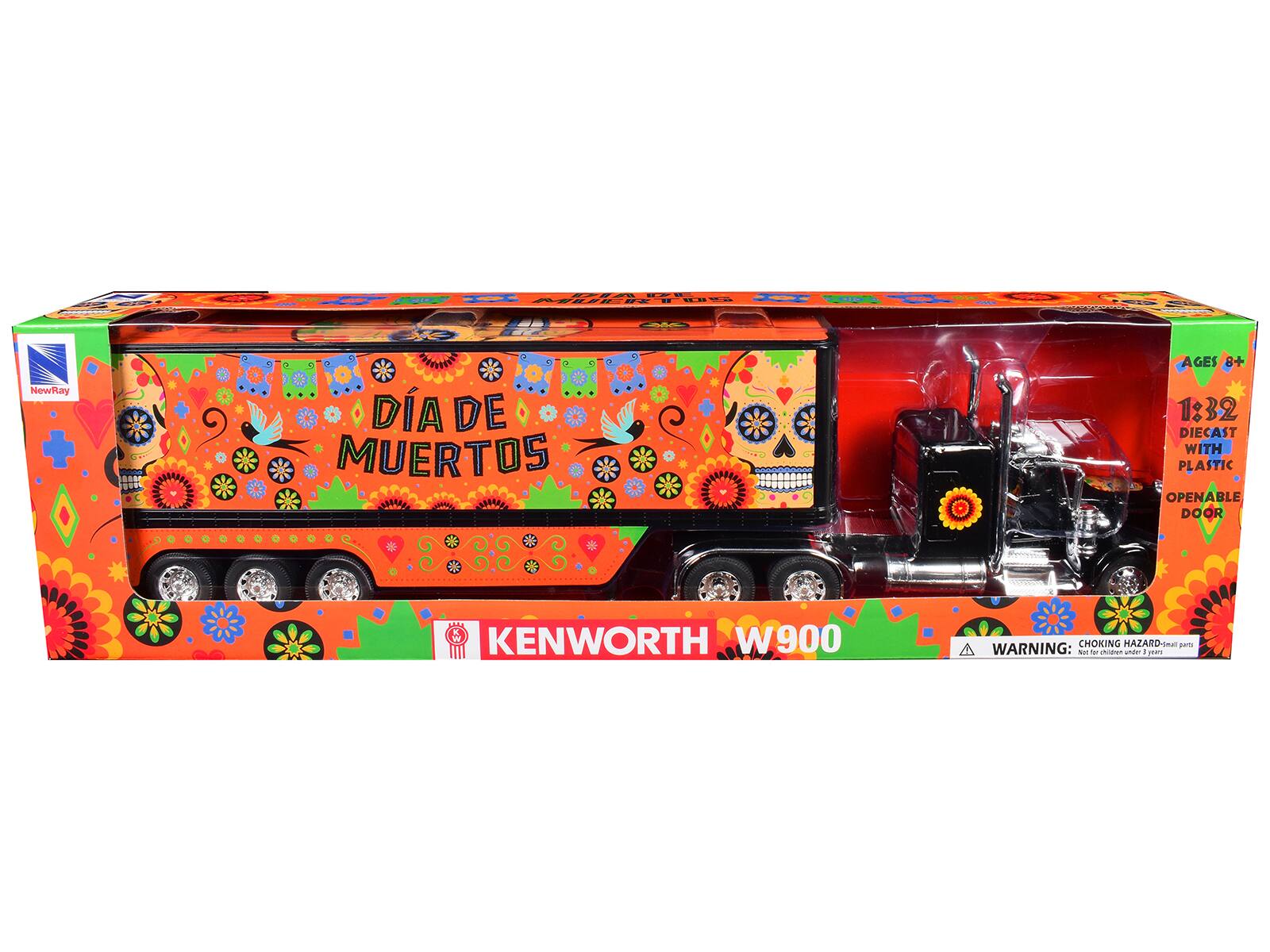 NewRay DÍA DE MUERTOS GES 8+ 1:32 DIECAST WITH PLASTIC OPENABLE DOOR KENWORTH W900 CHOKING HAZARD-imal paria WARNING: r do hnin unde a 2P1