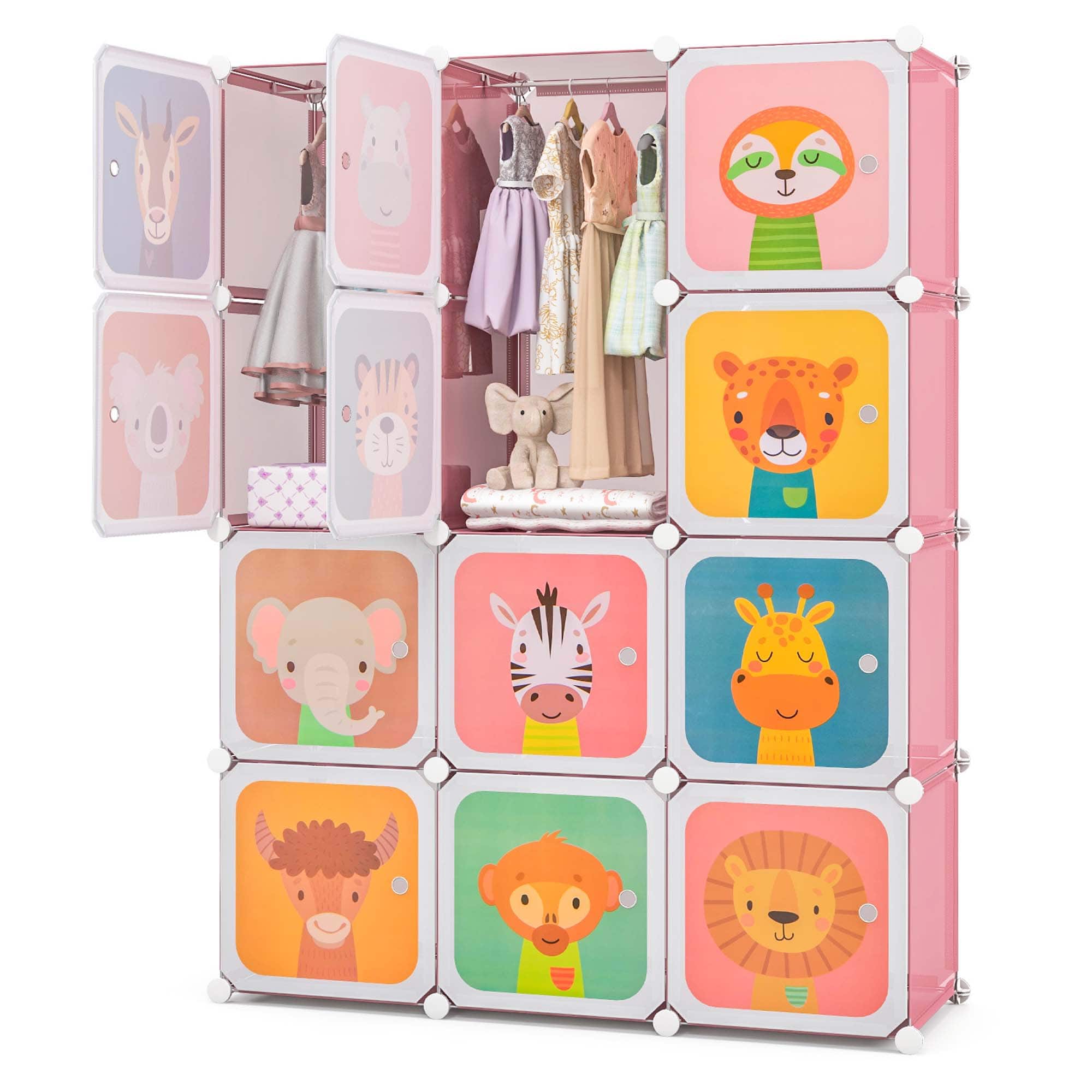Costway - 12-Cube Kids Wardrobe Baby Dresser Bedroom Armoire Clothes Hanging Closet with Door - Pink
