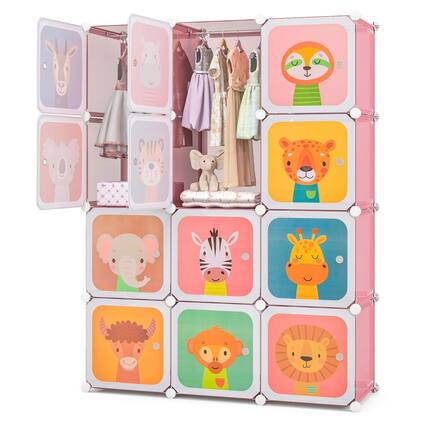 Front. Costway - Costway 12-Cube Kids Wardrobe Baby Dresser Bedroom Armoire Clothes Hanging Closet with Door - Pink.