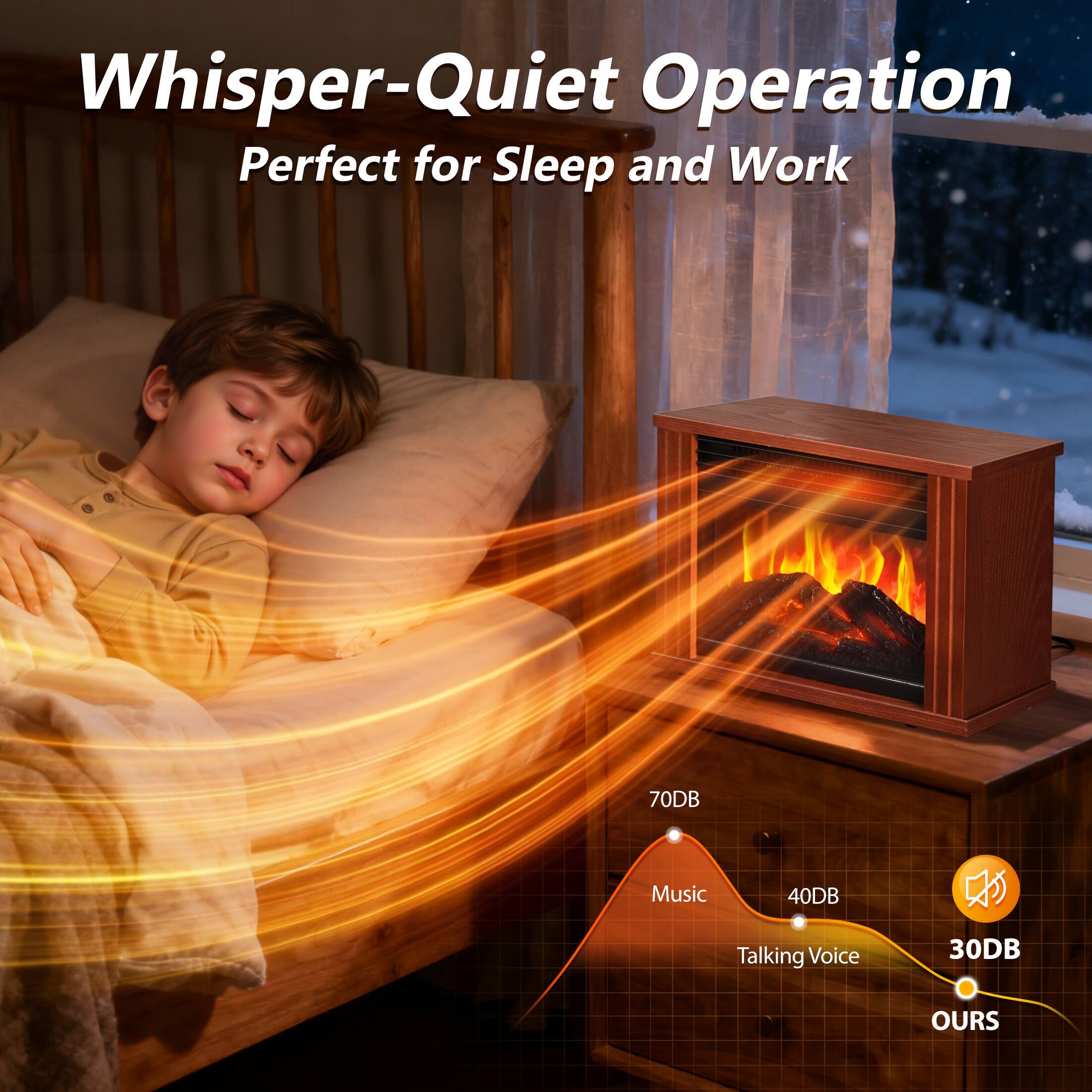 Whisper-Quiet Operation  
Perfect for Sleep and Work  

70DB Music  
40DB Talking Voice  
30DB OURS