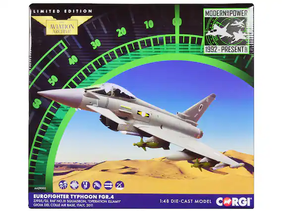 LIMITED EDITION
THE AVIATION ARCHIVE
MODERN POWER
1992 - PRESENT DAY
AA29002
EUROFIGHTER TYPHOON FGR.4
ZJ935/DJ, RAF NO.XI SQUADRON, 'OPERATION ELLAMY'
GIOIA DEL COLLE AIR BASE, ITALY, 2011
1:48 DIE-CAST MODEL
CORGi