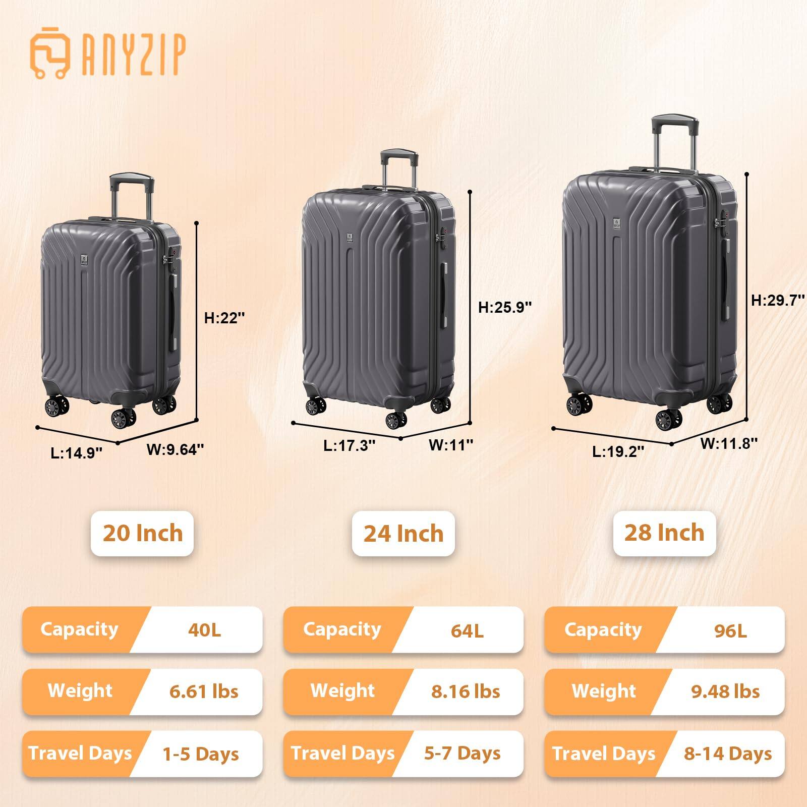 ANYZIP

H:22"  
L:14.9"  
W:9.64"  
20 Inch  
Capacity: 40L  
Weight: 6.61 lbs  
Travel Days: 1-5 Days

H:25.9"  
L:17.3"  
W:11"  
24 Inch  
Capacity: 64L  
Weight: 8.16 lbs  
Travel Days: 5-7 Days

H:29.7"  
L:19.2"  
W:11.8"  
28 Inch  
Capacity: 96L  
Weight: 9.48 lbs  
Travel Days: 8-14 Days