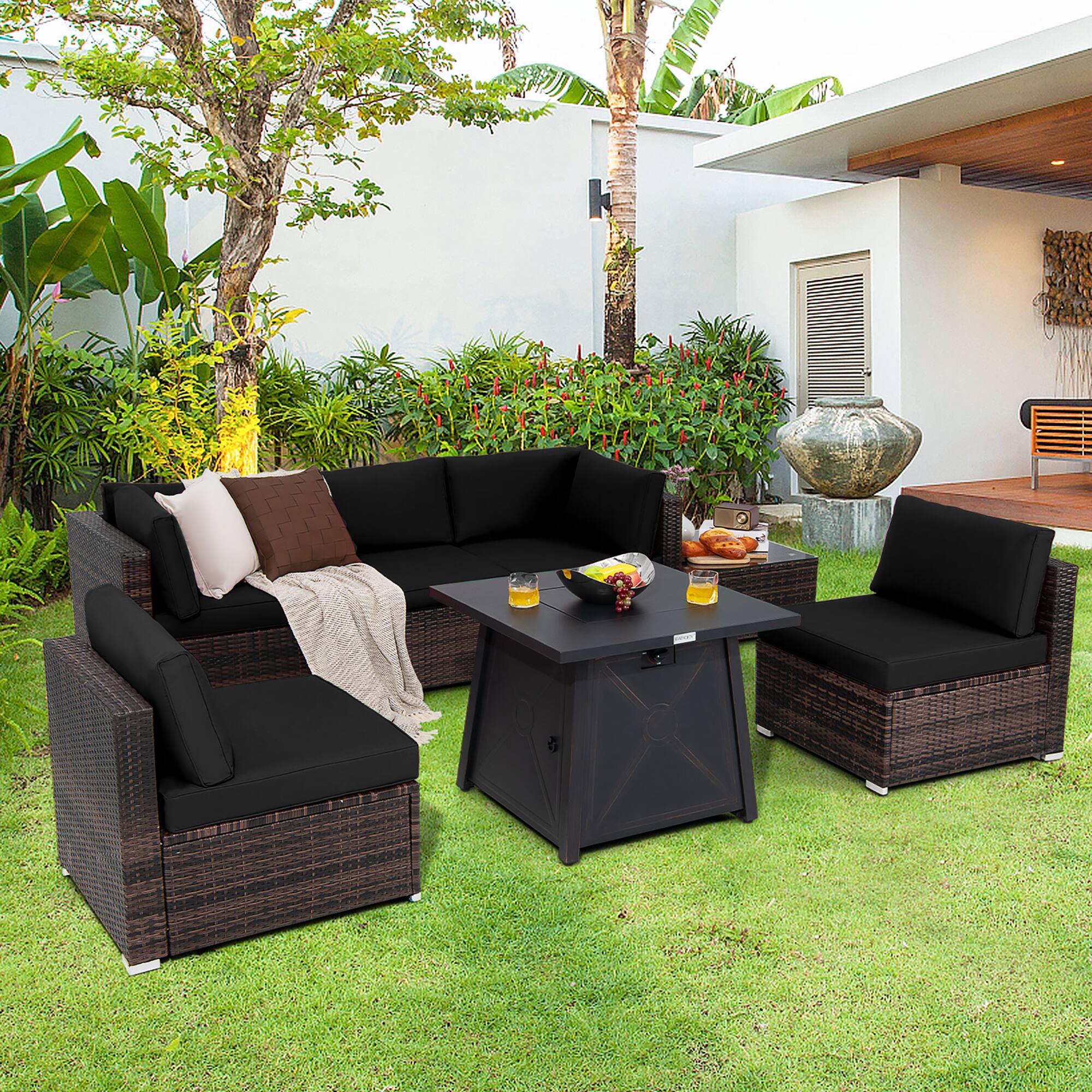 Alt View 1. Costway - Costway 7PCS Patio Rattan Furniture Set Fire Pit Table Cover Cushion - Black.