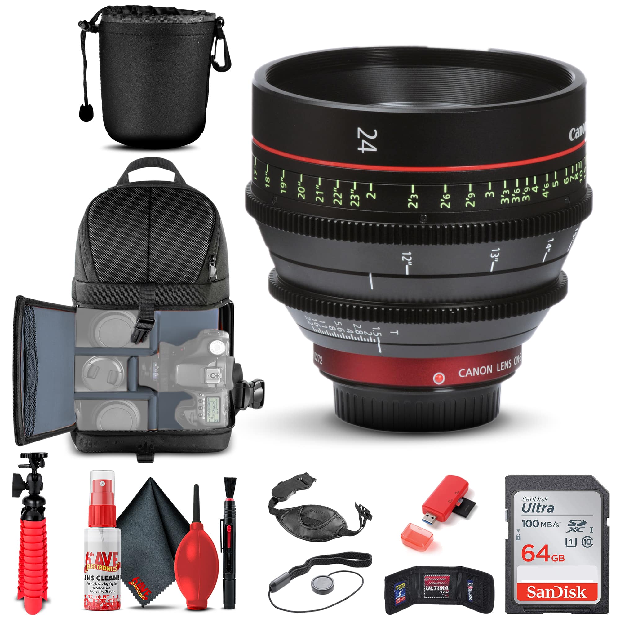 Canon - CN-E 24mm T1.5 L F Cinema Prime Lens (EF Mount) 6569B001 + BackPack + More - Black