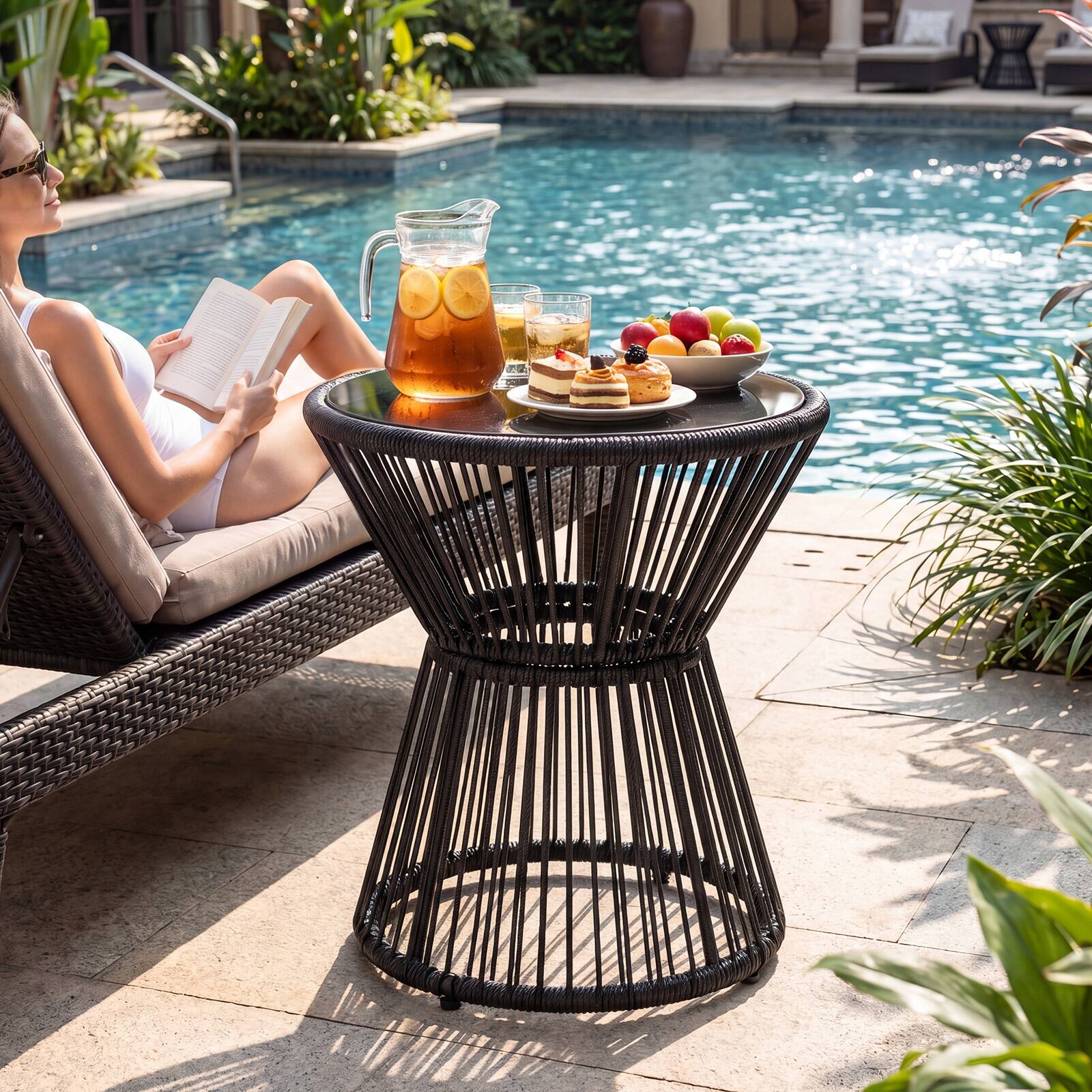 Alt View 7. Gymax - Gymax Outdoor Side Table w/ LED Warm Light PE Rattan Hourglass-Shaped End Table - Black.