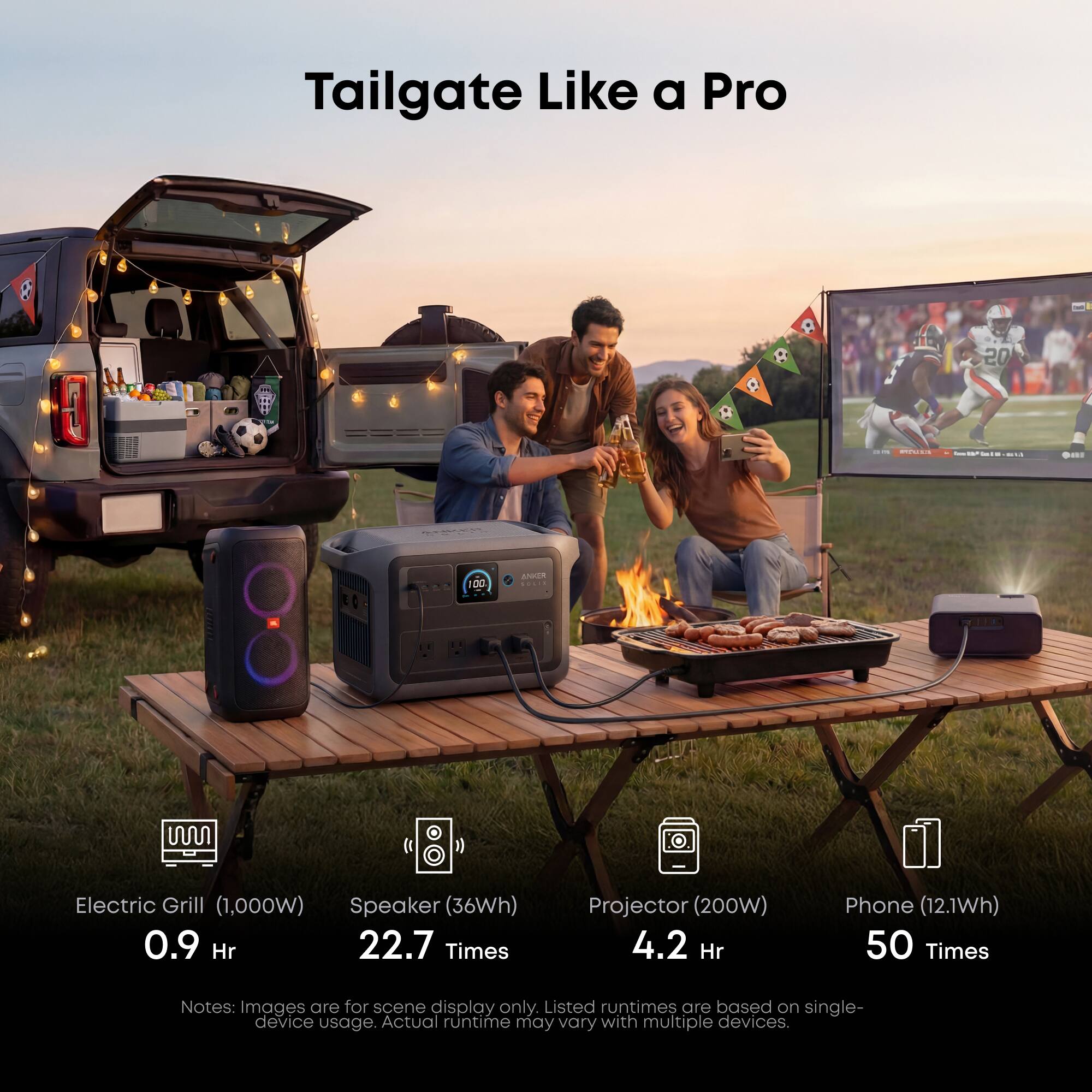 Tailgate Like a Pro

- Electric Grill (1,000W) 0.9 Hr
- Speaker (36Wh) 22.7 Times
- Projector (200W) 4.2 Hr
- Phone (12.1Wh) 50 Times

Notes: Images are for scene display only. Listed runtimes are based on single-device usage. Actual runtime may vary with multiple devices.