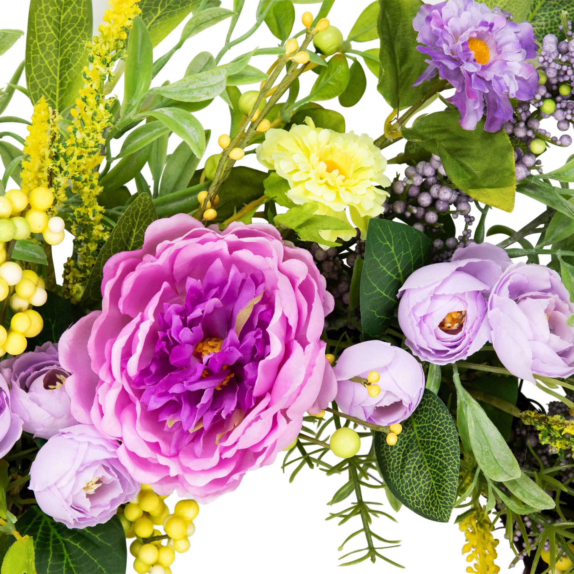 Alt View 4. Northlight - Peony Mixed Floral Springtime Wreath - 24" - Purple and Yellow - Purple.