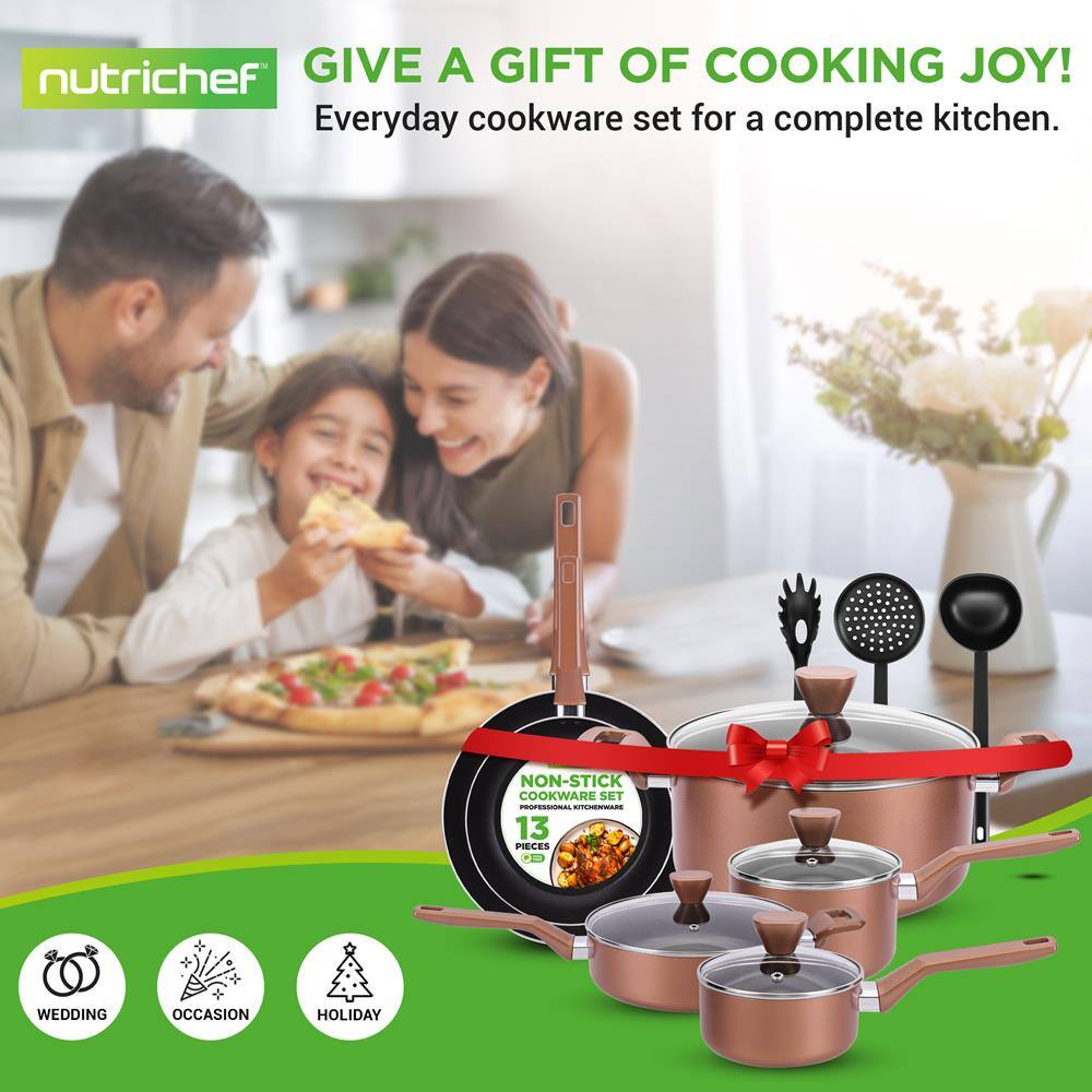 nutrichef  
GIVE A GIFT OF COOKING JOY!  
Everyday cookware set for a complete kitchen.  

NON-STICK COOKWARE SET  
PROFESSIONAL KITCHENWARE  
13 PIECES  

WEDDING  
OCCASION  
HOLIDAY