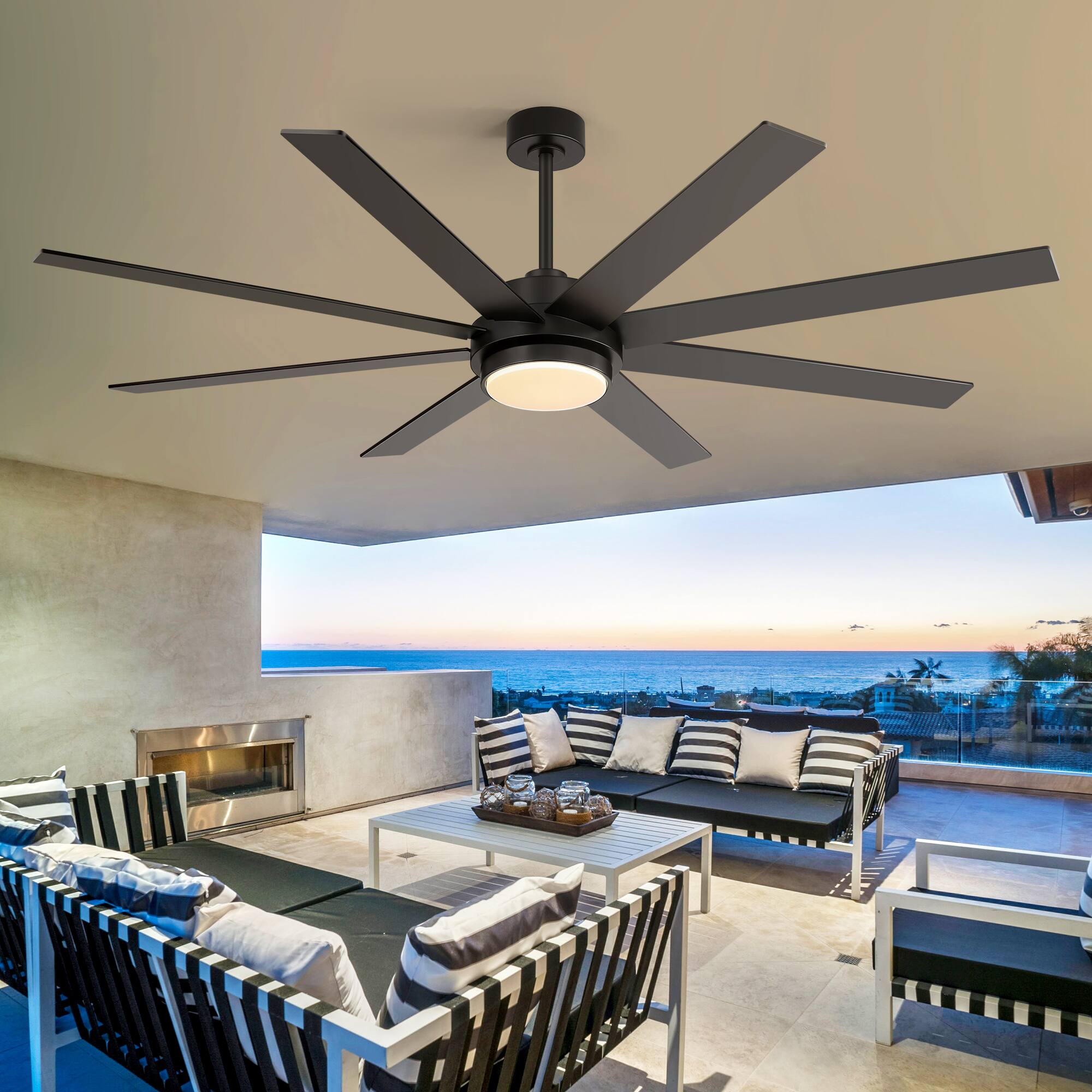 Back. Breezary - 72 Inch LED Ceiling Fan with Acrylic Light, 8‑Blade, DC Motor, Remote Control, 6 Speeds, 1/4/8H Timer - Black.