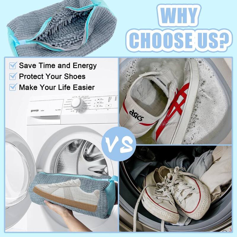 WHY CHOOSE US?

- Save Time and Energy
- Protect Your Shoes
- Make Your Life Easier

VS

[Image of shoes being washed with a protective bag]