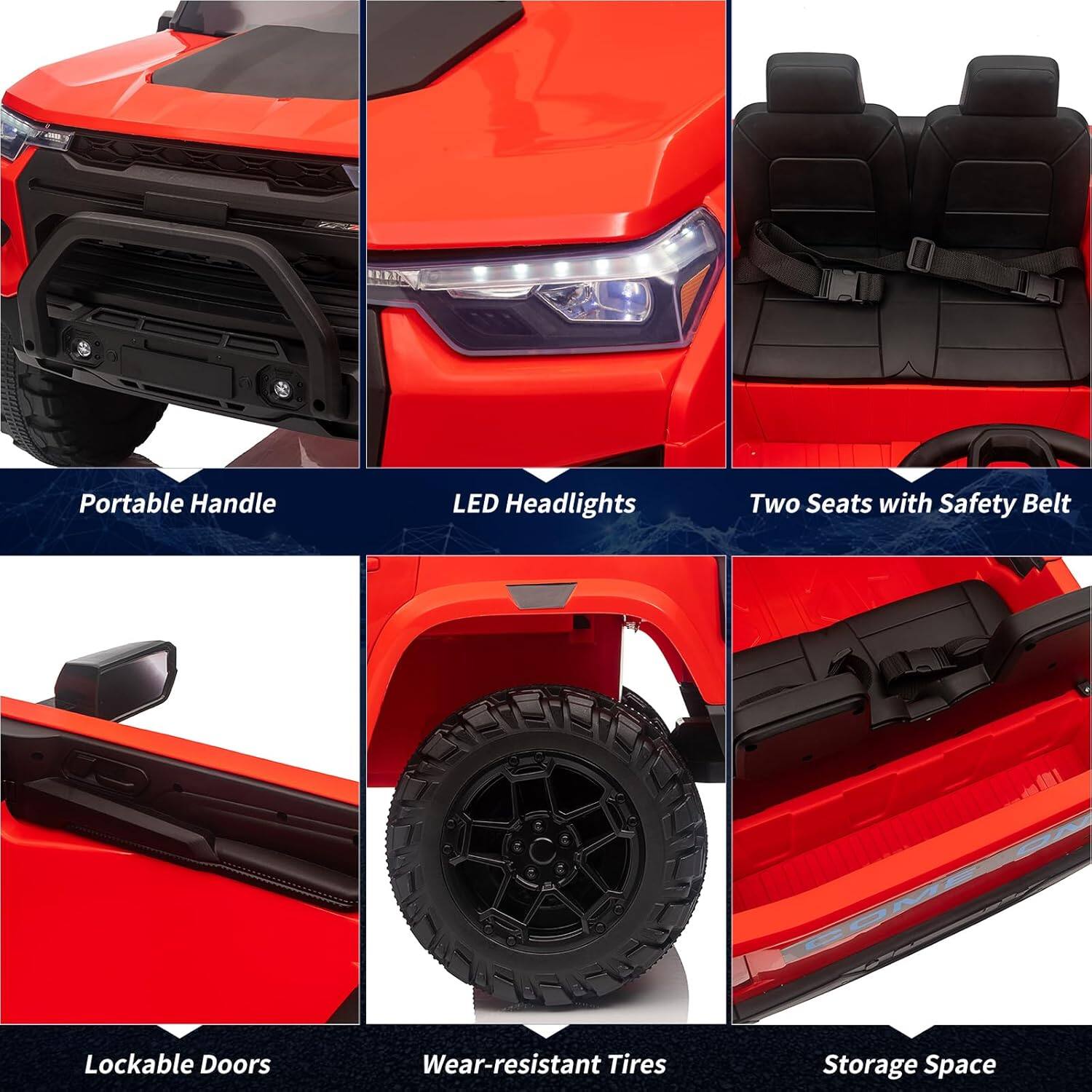 - Portable Handle
- LED Headlights
- Two Seats with Safety Belt
- Lockable Doors
- Wear-resistant Tires
- Storage Space