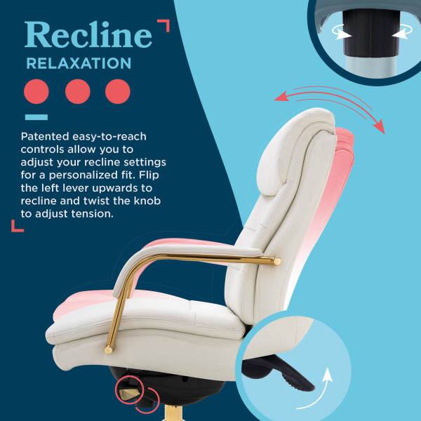 Recline RELAXATION

Patented easy-to-reach controls allow you to adjust your recline settings for a personalized fit. Flip the left lever upwards to recline and twist the knob to adjust tension.