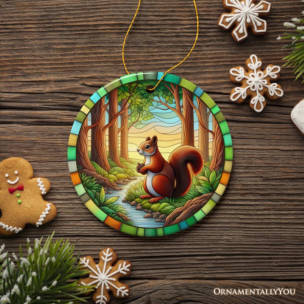Back. OrnamentallyYou - Squirrel in the Forest Stained Glass Style Ceramic Ornament, Wildlife Animals Christmas Gift - Multi-colored.