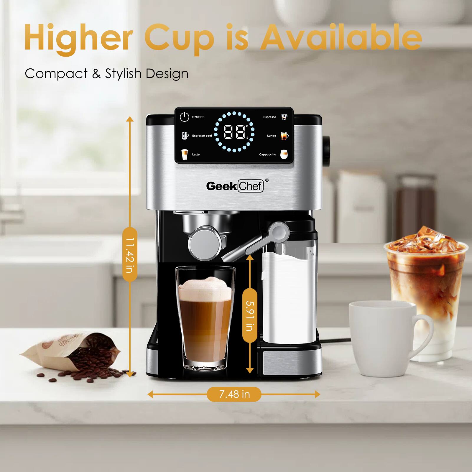 Higher Cup is Available  
Compact & Stylish Design  

Geek Chef  
11.42 in  
5.91 in  
7.48 in