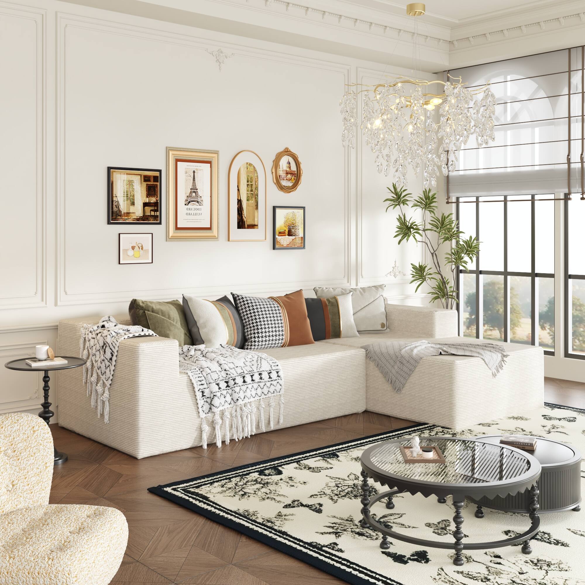 Back. FUFU&GAGA - Beige Corduroy L-Shaped Sectional Sofa with Chaise, High-Resilience Foam Cushions and Throw Pillows - Beige.