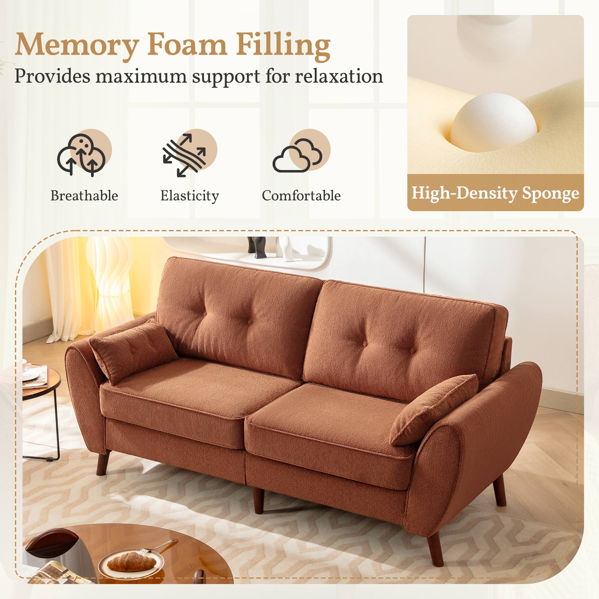 Memory Foam Filling  
Provides maximum support for relaxation  

- Breathable  
- Elasticity  
- Comfortable  

High-Density Sponge