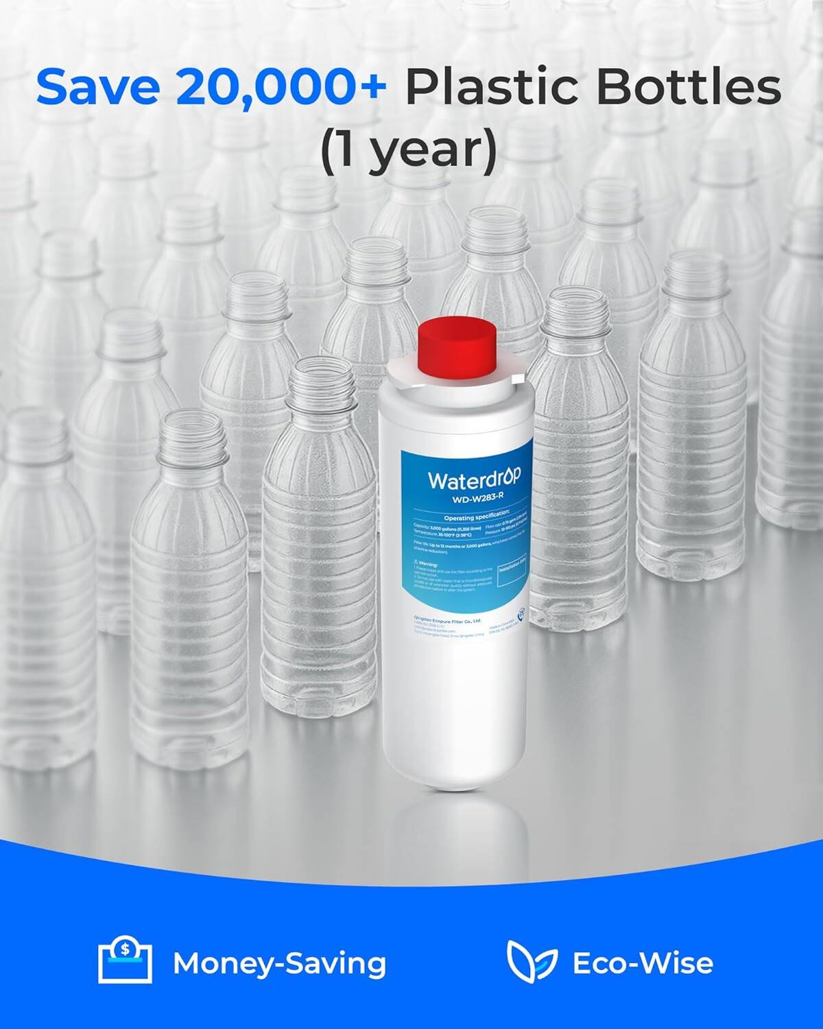 Save 20,000+ Plastic Bottles (1 year)  
Waterdrop WD-W283-R  
Money-Saving Eco-Wise