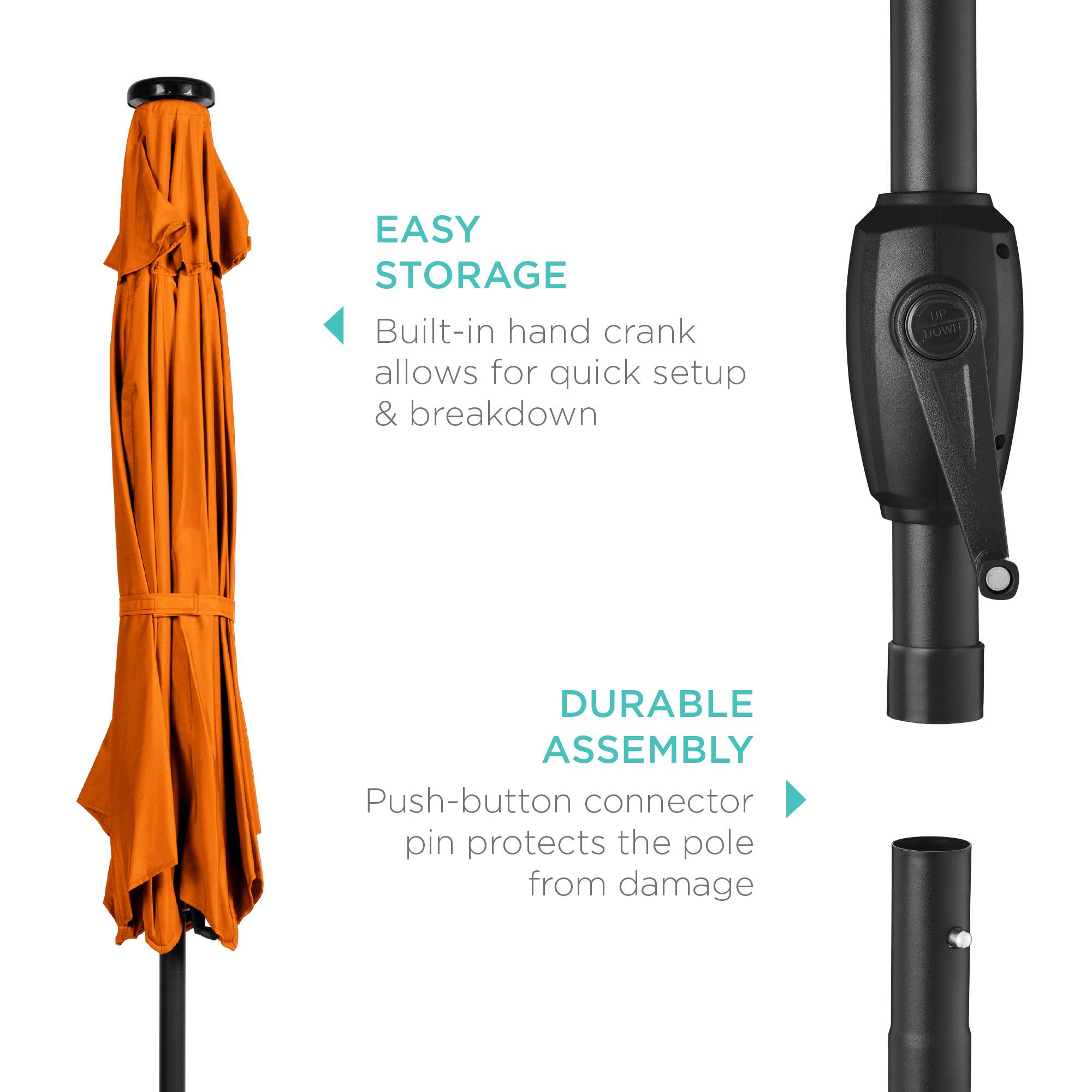 EASY STORAGE  
Built-in hand crank allows for quick setup & breakdown  

DURABLE ASSEMBLY  
Push-button connector pin protects the pole from damage