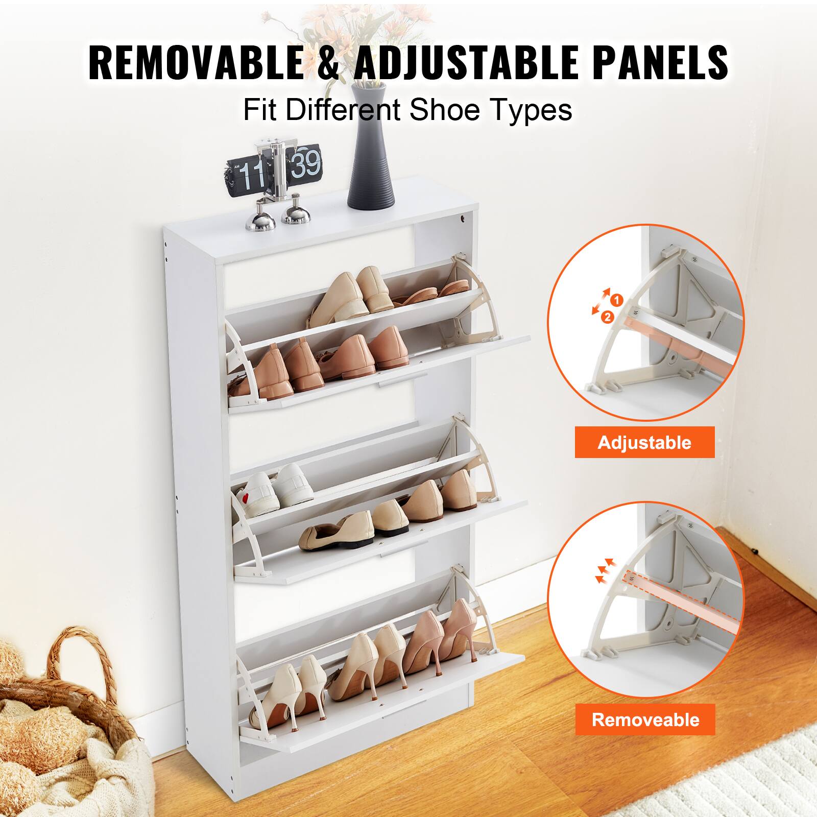 REMOVABLE & ADJUSTABLE PANELS Fit Different Shoe Types

1. Adjustable
2. Removeable