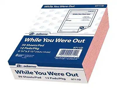 While You Were Out
50 Sheets/Pad
12 Pads/Pkg
9711D
4 1/4" x 5 1/4" (10.8 x 14 cm)
adams