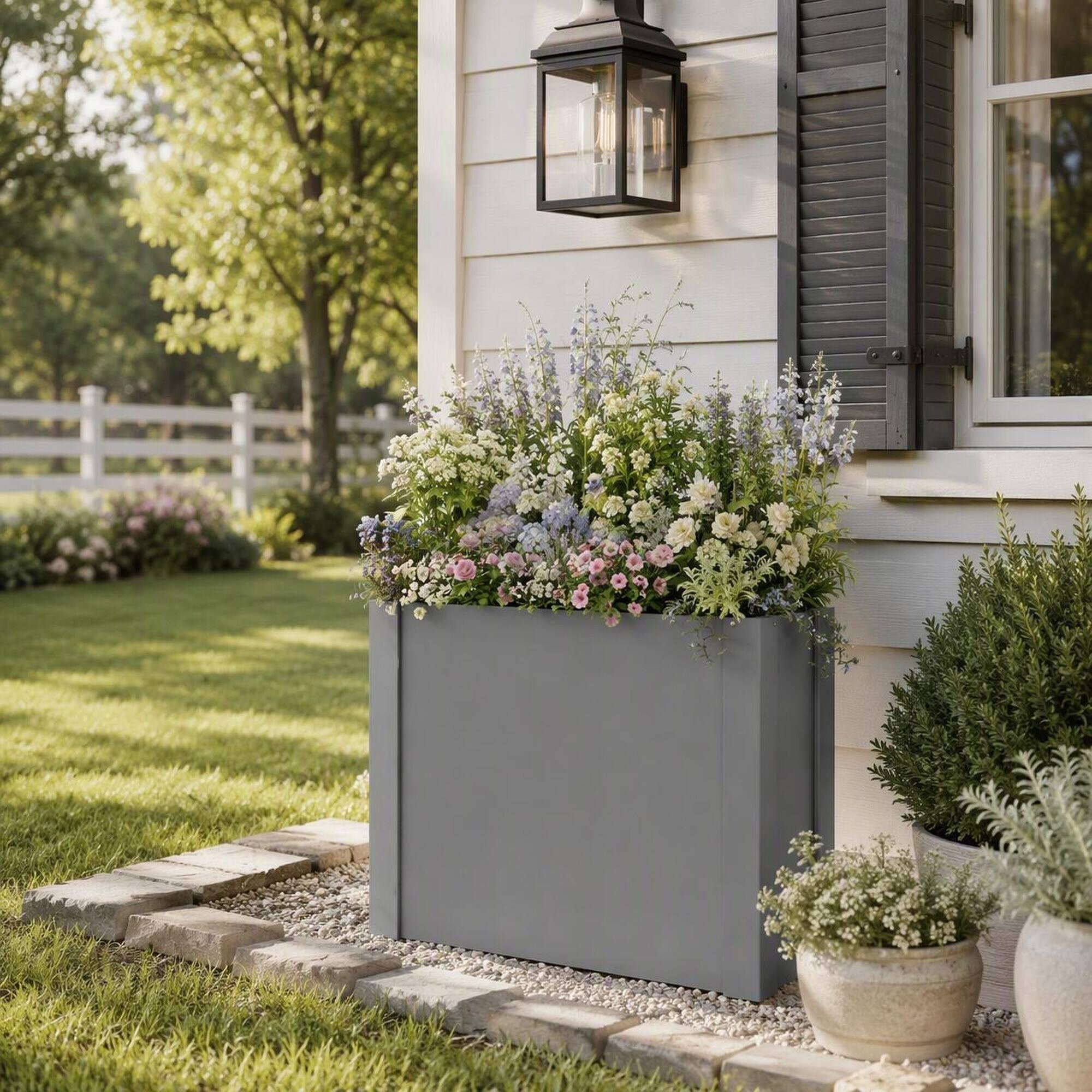 Angle. RYHNUYNE - Galvanized Steel Raised Garden Bed 31.5x12.2x24 Inches Open Bottom Planter Box for Patio Backyard Balcony - Gray.
