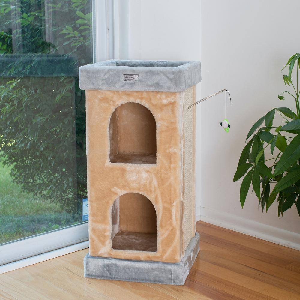 Left. Armarkat - Double Condo Real Wood Cat House With Sratching Carpet For Cats Kitty Enjoyment - Beige.