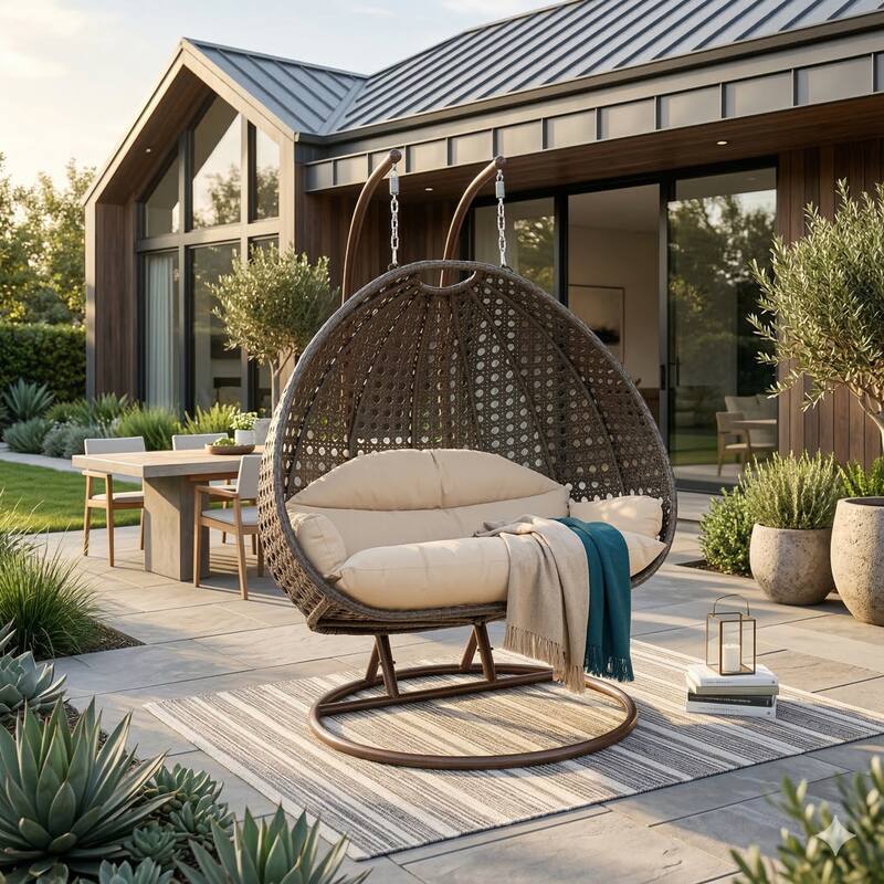 Left. LeisureMod - Leisuremod 2-Person Wicker Egg Swing Chair with Stand & Washable Cushions - Indoor/Outdoor Double Hanging Patio Chair - Cream.