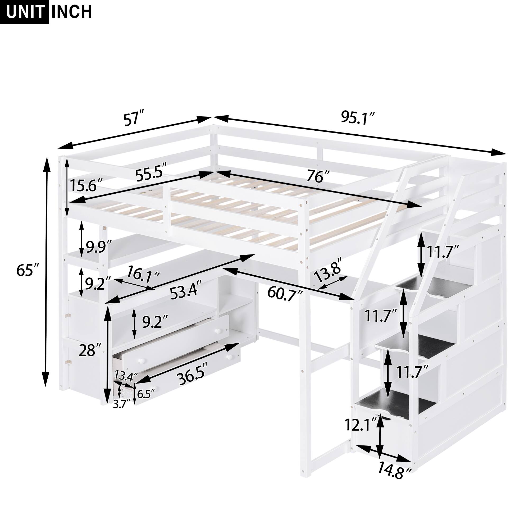 UNIT INCH

- 95.1"
- 57"
- 76"
- 65"
- 15.6"
- 55.5"
- 9.9"
- 9.2"
- 16.1"
- 53.4"
- 9.2"
- 28"
- 13.4"
- 36.5"
- 6.5"
- 3.7"
- 11.7"
- 13.8"
- 60.7"
- 11.7"
- 11.7"
- 12.1"
- 14.8"