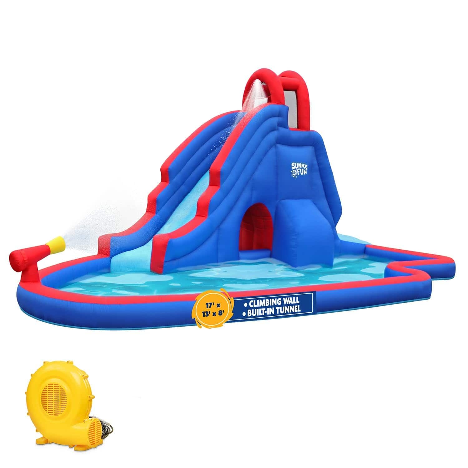 Sunny & Fun - Slide ‘N Spray Inflatable Water Slide Park with Climbing Wall, Slide & Pool - Red/Blue