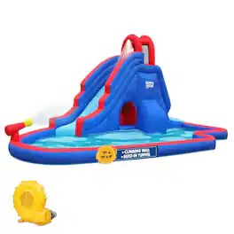 Sunny & Fun - Slide ‘N Spray Inflatable Water Slide Park with Climbing Wall, Slide & Pool - Red/Blue