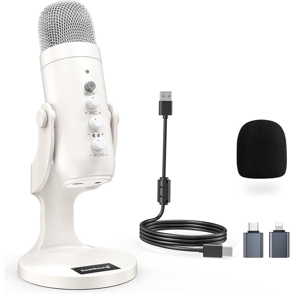 MOSZAR LLC - White USB Gaming Microphone – Quick Mute, Noise Cancel & Gain Control Mic
