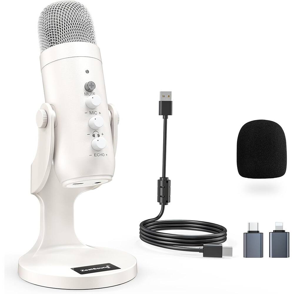 MOSZAR LLC - White USB Gaming Microphone – Quick Mute, Noise Cancel & Gain Control Mic