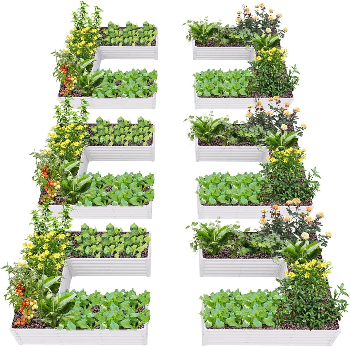 A Anleolife - 6-Pack Metal Rectangular U-Shaped Raised Garden Bed Planter Box for Vegetables (74 in. L x 74 in. W x 18 in. H) - White