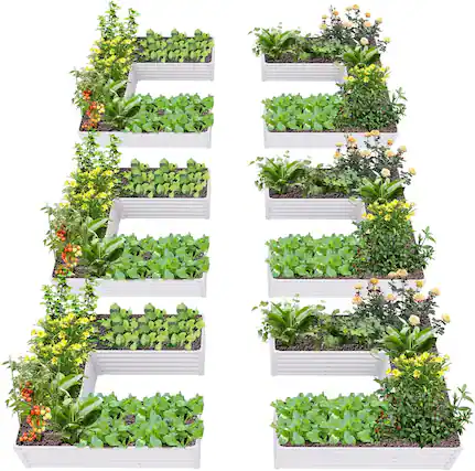Front. A Anleolife - 6-Pack White Metal Rectangular U-Shaped Raised Garden Bed Planter Box for Vegetables (74 in. L x 74 in. W x 18 in. H) - White.