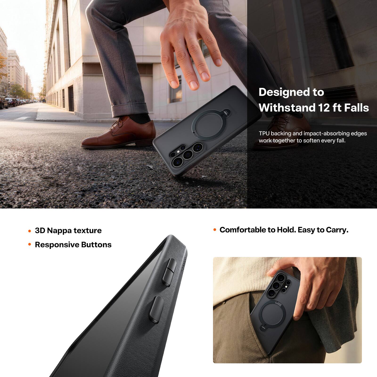 Designed to Withstand 12 ft Falls  
TPU backing and impact-absorbing edges work together to soften every fall.  

3D Nappa texture  
Responsive Buttons  

Comfortable to Hold. Easy to Carry.