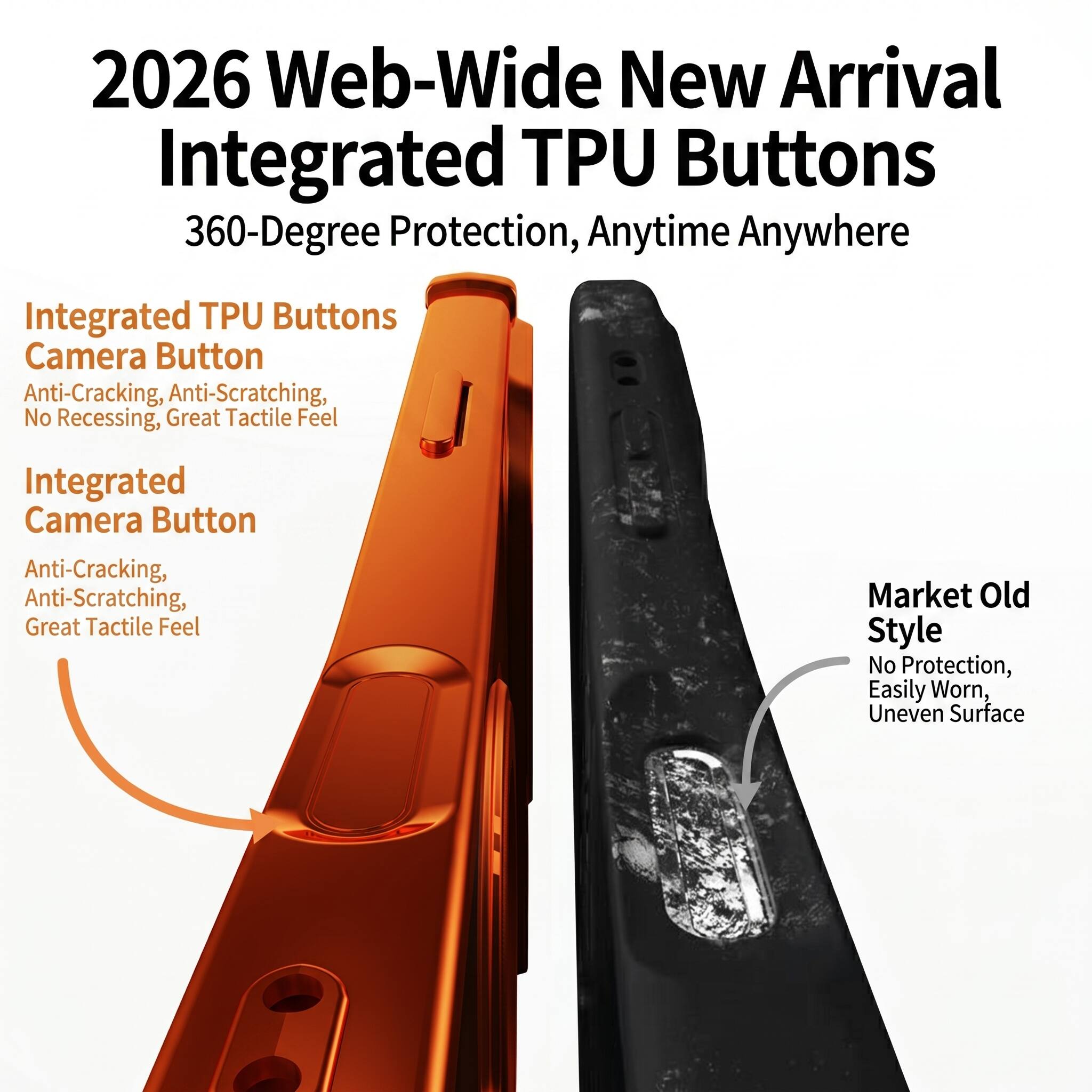 2026 Web-Wide New Arrival  
Integrated TPU Buttons  
360-Degree Protection, Anytime Anywhere  

Integrated TPU Buttons  
Camera Button  
Anti-Cracking, Anti-Scratching, No Recessing, Great Tactile Feel  

Integrated Camera Button  
Anti-Cracking, Anti-Scratching, Great Tactile Feel  

Market Old Style  
No Protection, Easily Worn, Uneven Surface