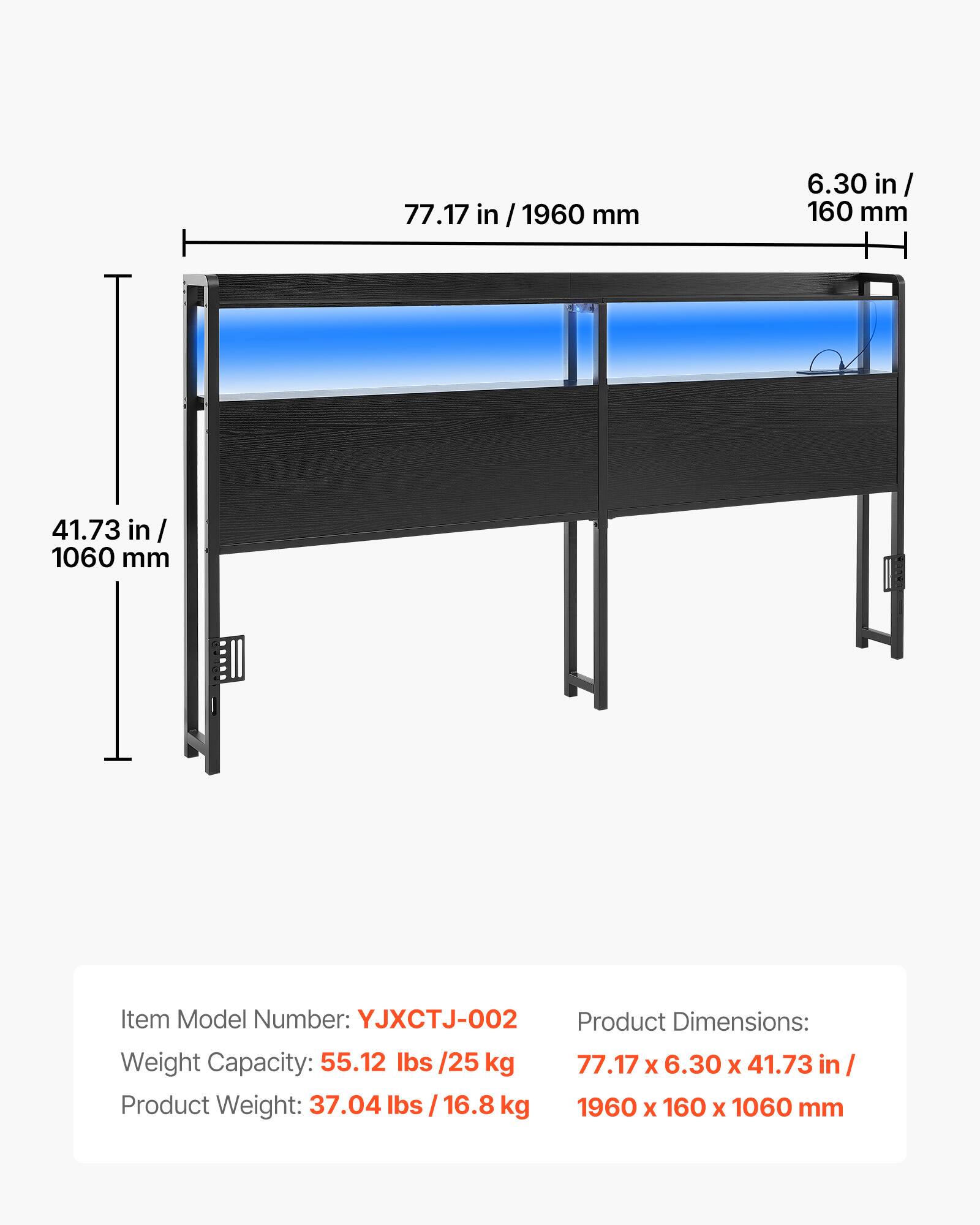77.17 in / 1960 mm  
6.30 in / 160 mm  
41.73 in / 1060 mm  

Item Model Number: YJXCTJ-002  

Product Dimensions:  
Weight Capacity: 55.12 lbs / 25 kg  
Product Weight: 37.04 lbs / 16.8 kg  

77.17 x 6.30 x 41.73 in / 1960 x 160 x 1060 mm