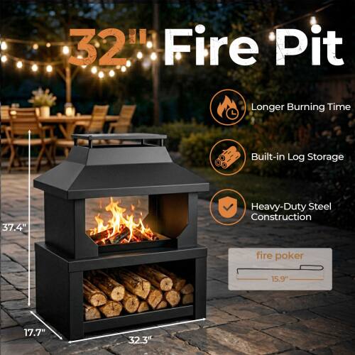 32" Fire Pit  
Longer Burning Time  
Built-in Log Storage  
37.4"  
Heavy-Duty Steel Construction  
fire poker  
15.9"  
17.7"  
32.3"