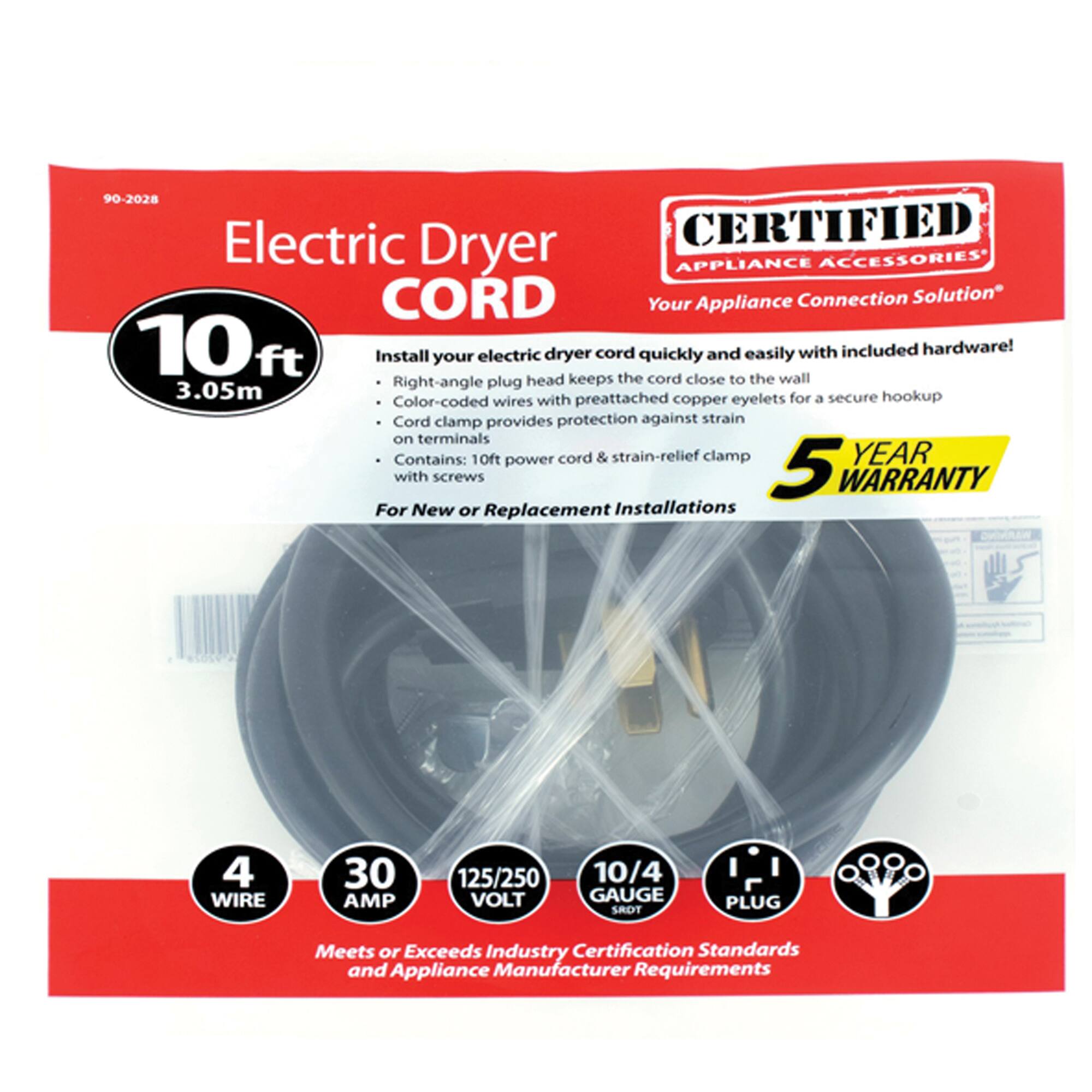 Certified Appliance Accessories 4 Wire Eyelet 30 Amp Dryer Cord 10 ft ...