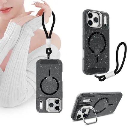 Front. Dteck - Glitter Magnetic Case for Apple iPhone 17 Pro Max,Shockproof Rugged Hidden Lens Kickstand Phone Cover with Wrist Strap - Black.