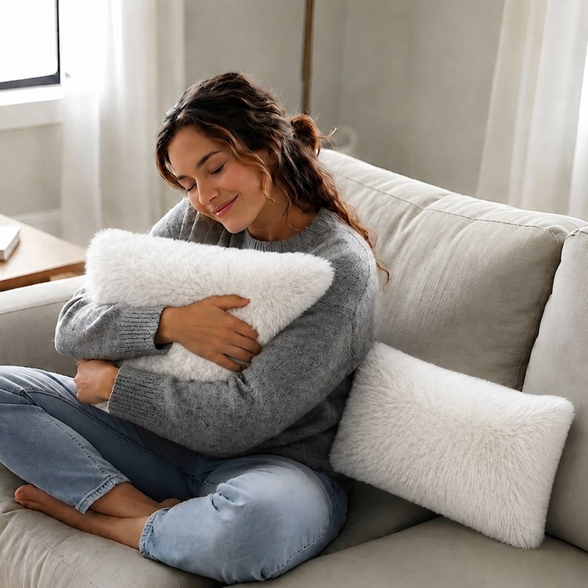 Angle. Cheer Collection - Plush Shaggy Long Hair Faux Fur Lumbar Accent Pillows with Inserts, 12 x 20 in, Set of 2 - White - White.