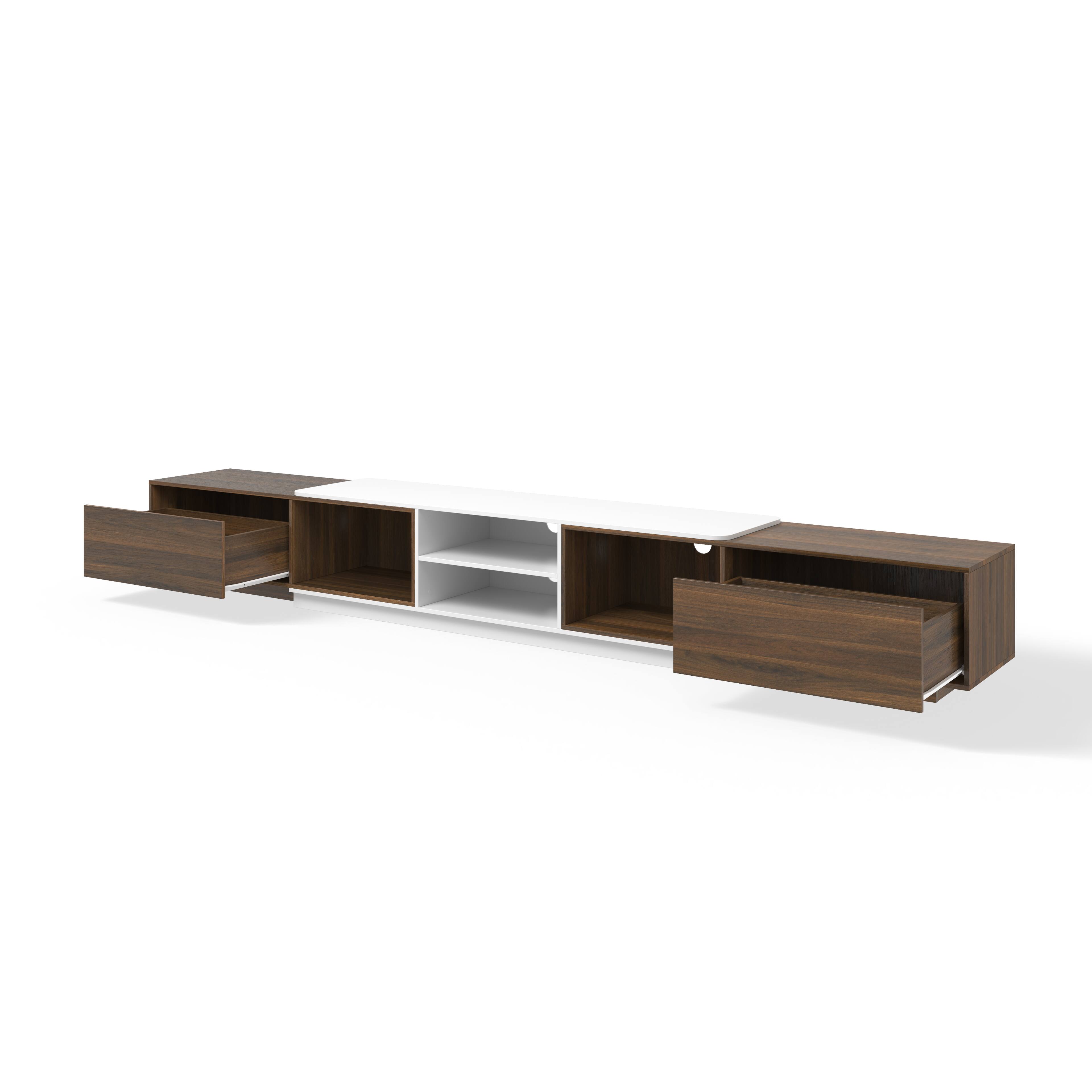 Angle. Famapy - Extendable TV Stand, Modern Entertainment Center with Drawers, Open Shelves and Cable Management - Dark Walnut & White.